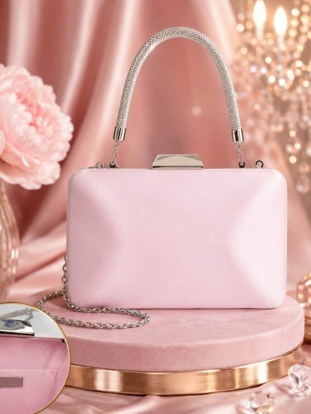 Elegant Pink Evening Clutch with Silver Chain